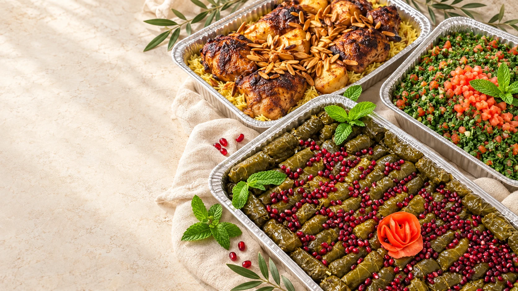 Grape leaves with pomegranate, roasted chicken over golden rice and tabbouleh on cream linen.